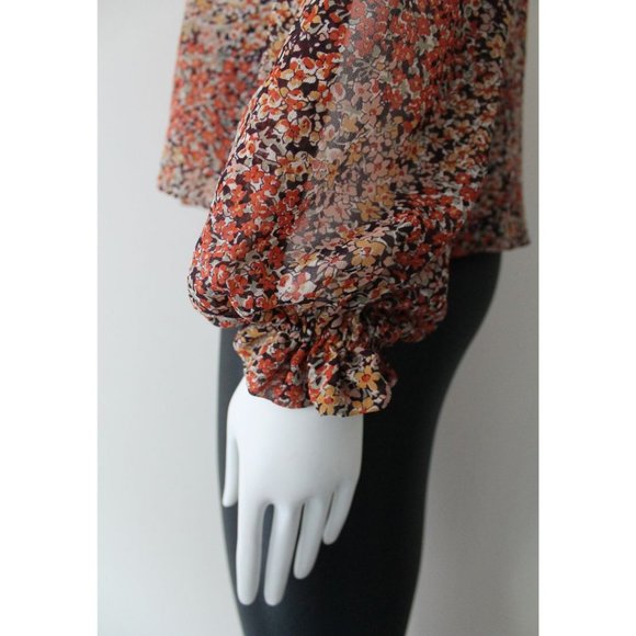 LoveShackFancy Ruffled Floral Sheer Blouse Size XS Red Black - Picture 3 of 8